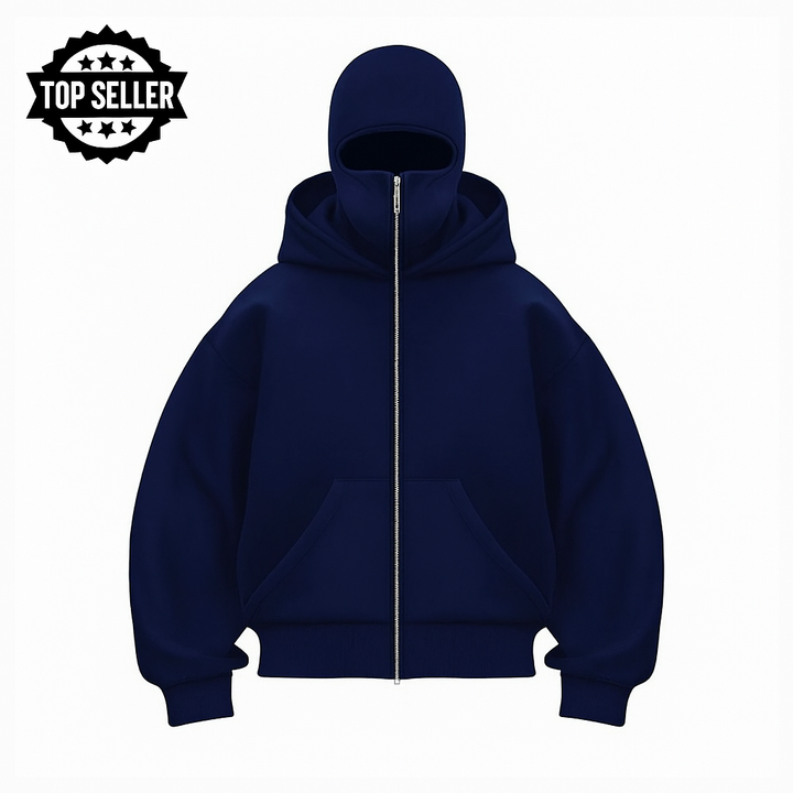 Unisex hooded zip hoodie with integrated face cover and kangaroo pocket