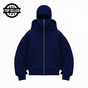 Unisex hooded zip hoodie with integrated face cover and kangaroo pocket
