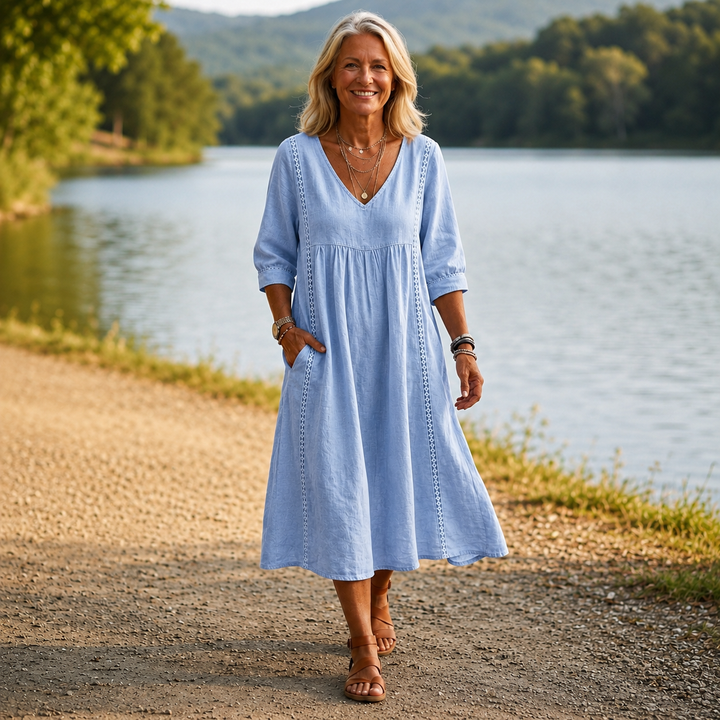 Women's Ruched 3/4-Sleeve Midi Dress — Lightweight Breathable Pocket Summer Dress