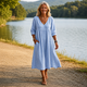 Women's Ruched 3/4-Sleeve Midi Dress — Lightweight Breathable Pocket Summer Dress
