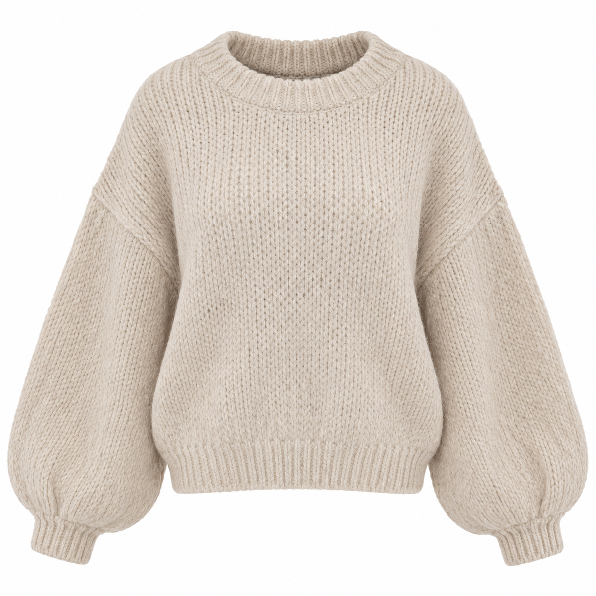 Women's beige textured knit sweater with crew neck and balloon sleeves
