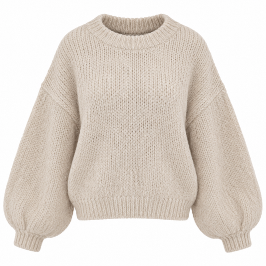 Women's beige textured knit sweater with crew neck and balloon sleeves