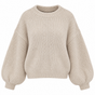 Women's beige textured knit sweater with crew neck and balloon sleeves