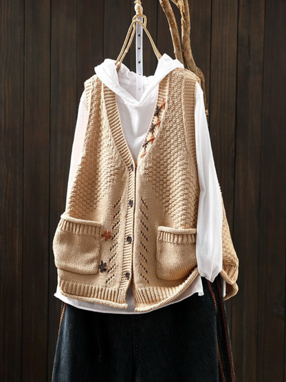 Women's textured knit vest with V-neck, buttons and patch pockets