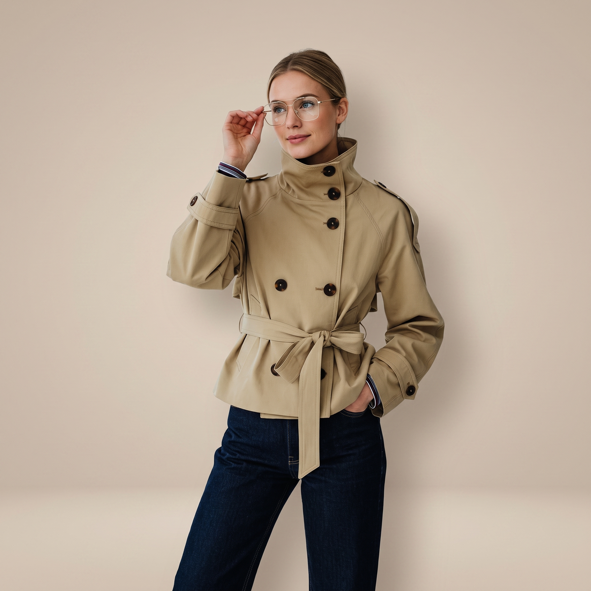 Women's belted double-breasted trench coat with high collar and long sleeves