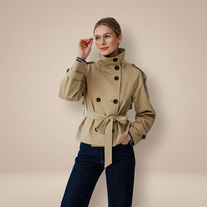 Women's belted double-breasted trench coat with high collar and long sleeves