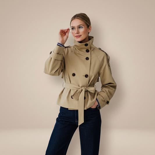 Women's belted double-breasted trench coat with high collar and long sleeves