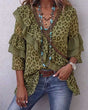 Women's olive green leopard print blouse with layered ruffles and V-neck
