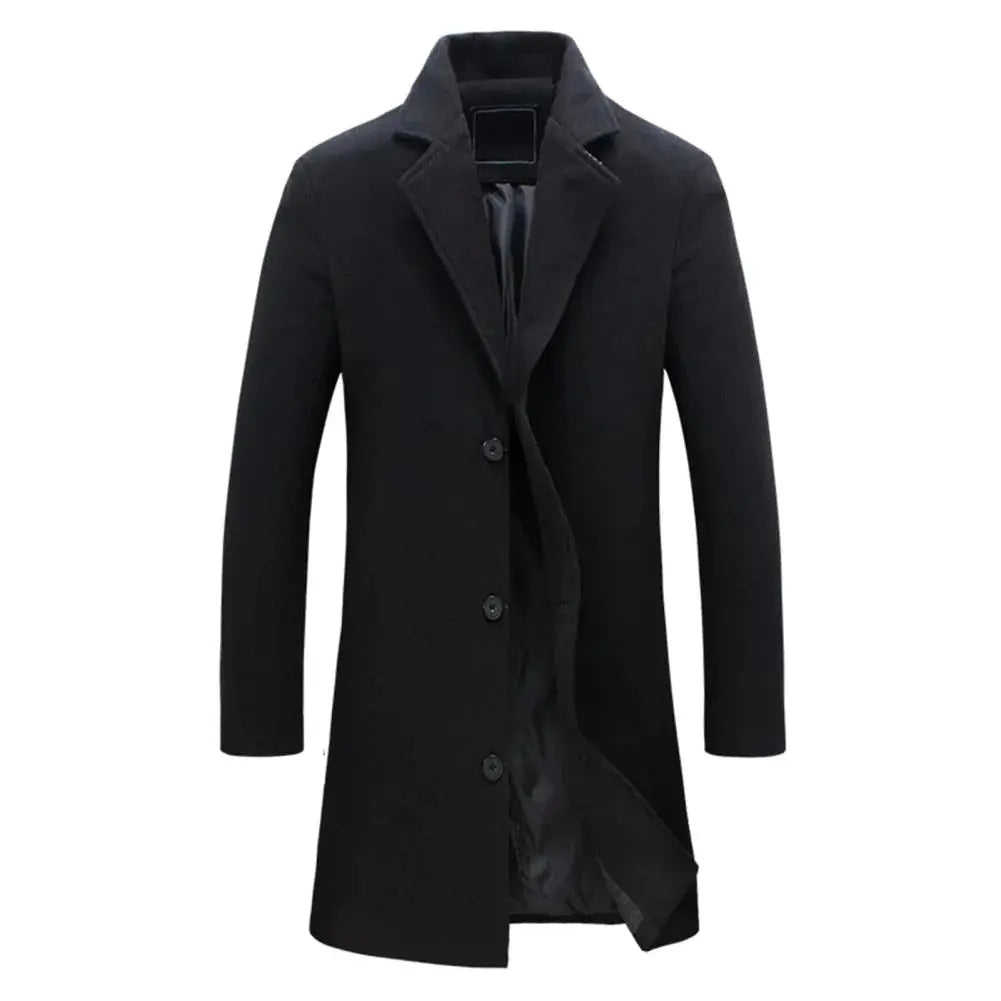 Men's tailored long coat with notched lapels, button front and side pockets