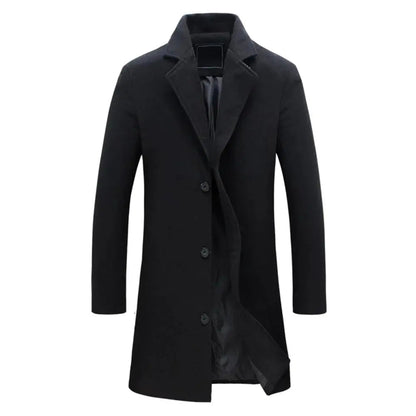 Men's tailored long coat with notched lapels, button front and side pockets