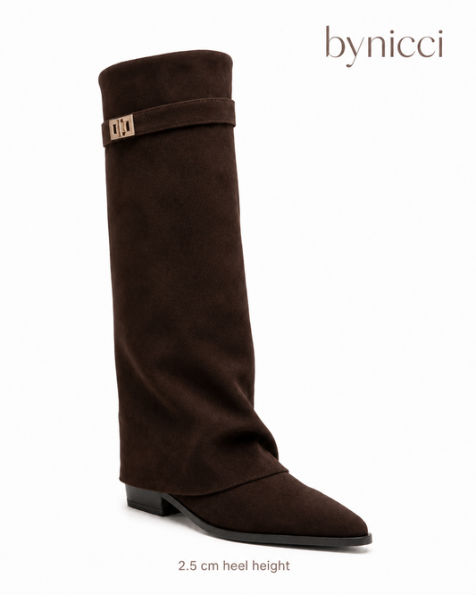 Women's brown knee-high boots with pointed toes, low heels and buckled shaft straps