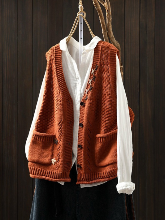 Women's textured knit vest with V-neck, buttons and patch pockets