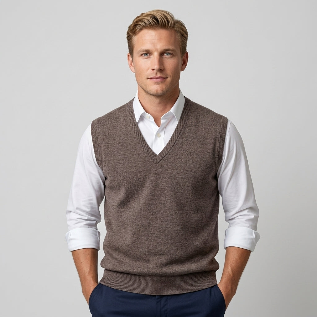 Men's sleeveless V-neck sweater vest layered over a collared shirt