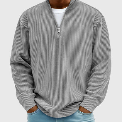 Men's ribbed quarter-zip mock neck sweater with long sleeves
