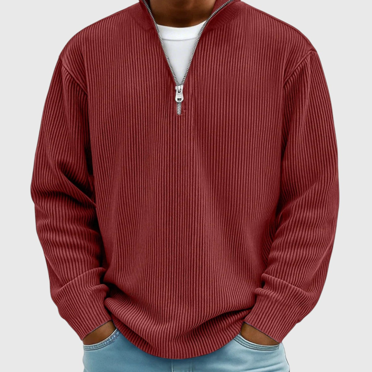 Men's ribbed quarter-zip mock neck sweater with long sleeves