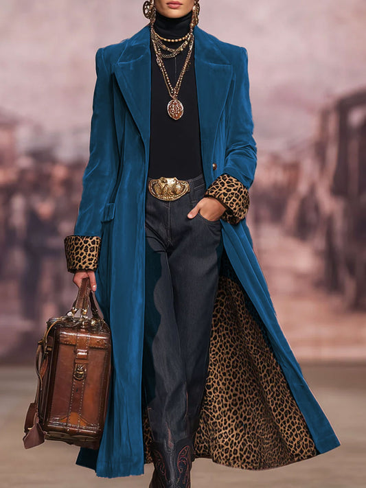 Women's long coat with lapel collar and leopard print lining