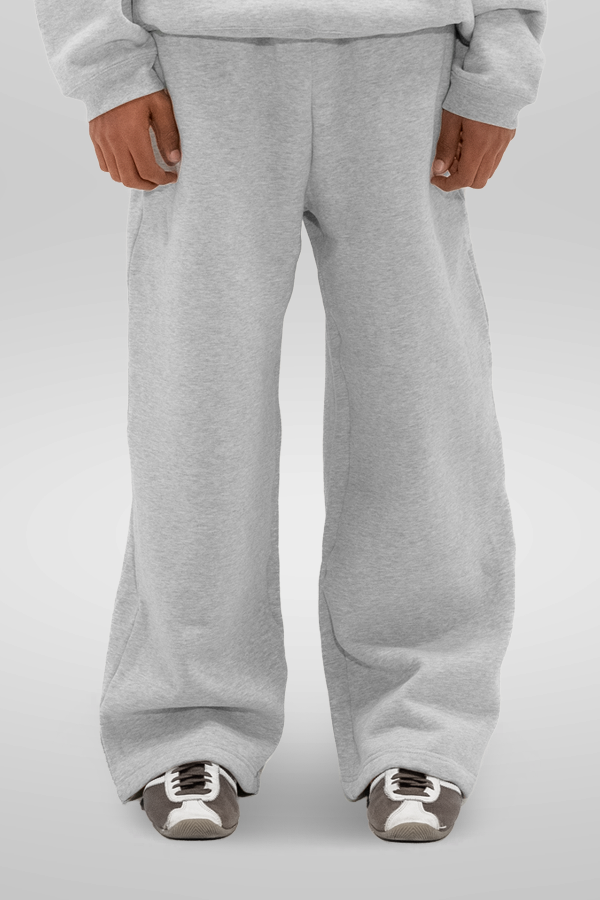 Men's heather grey wide-leg fleece sweatpants with full-length legs
