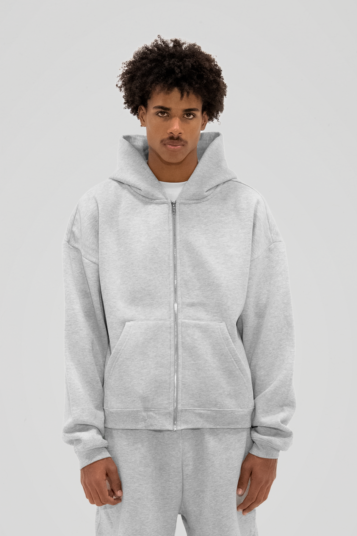 Men's heather grey zip-up hoodie with hood and kangaroo pocket