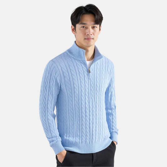 Men's five-pack cable knit quarter-zip sweaters in black, navy, gray, cream and blue
