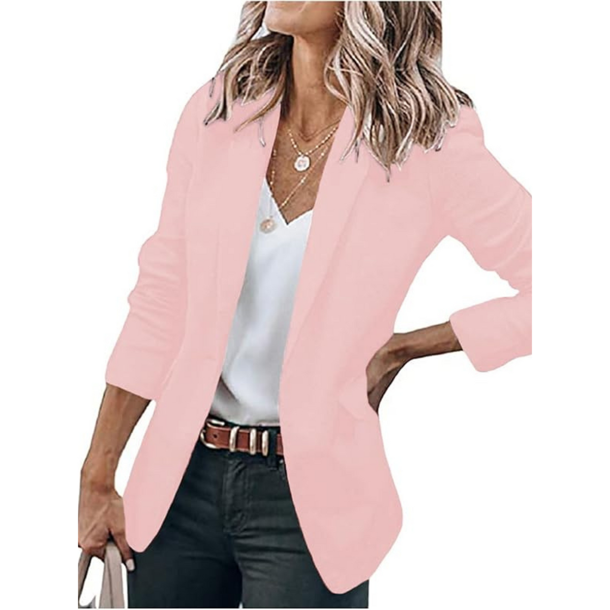 Women's open front blazer with notched lapels and three-quarter sleeves
