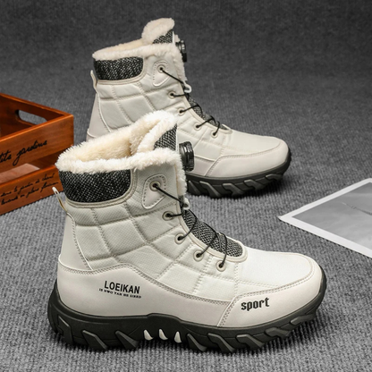 Men's mid-cut snow boots with fur-trimmed collar, lace-up front and rugged treaded sole