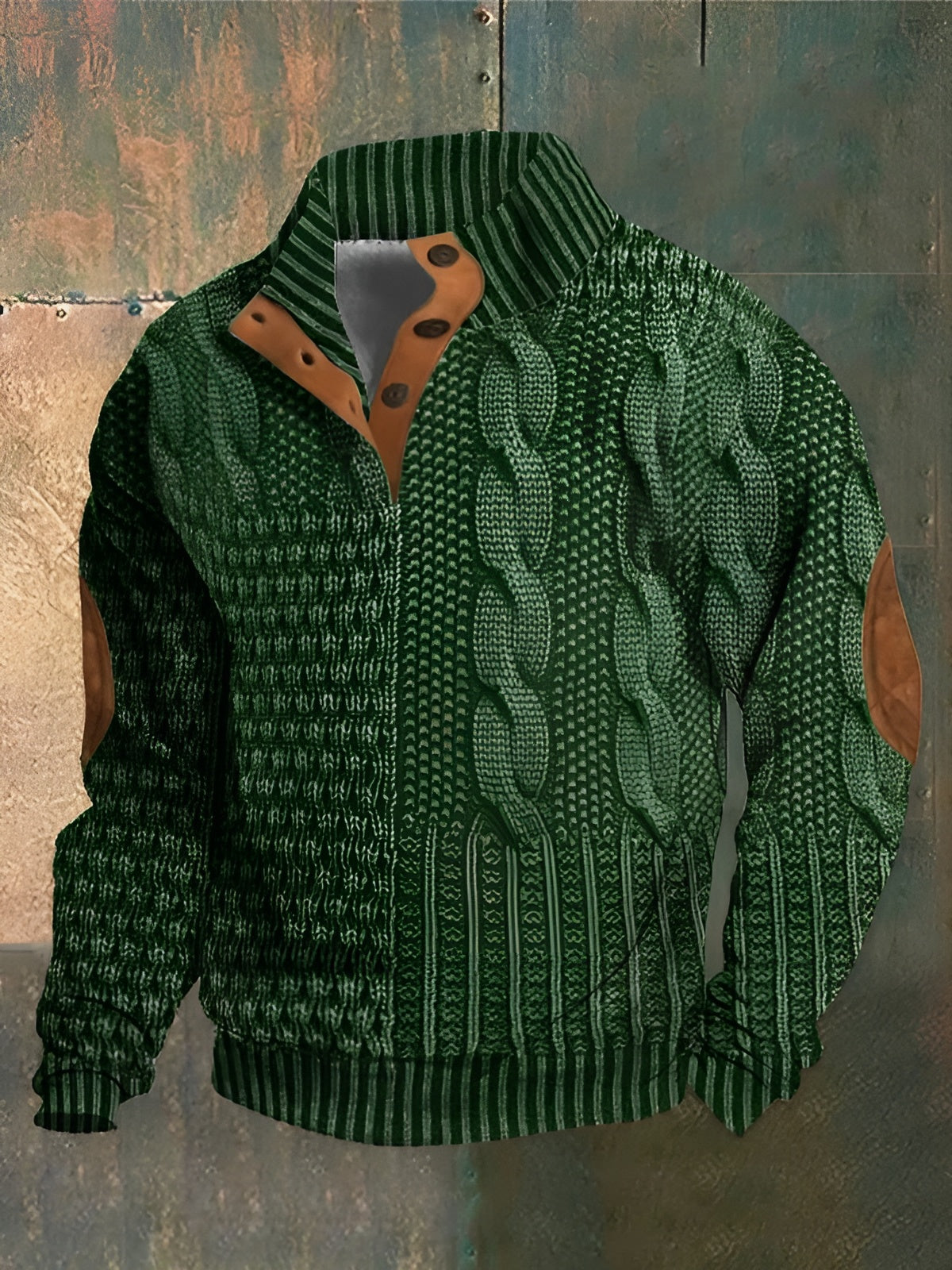 Men's patterned knit sweater with mock neck and button placket