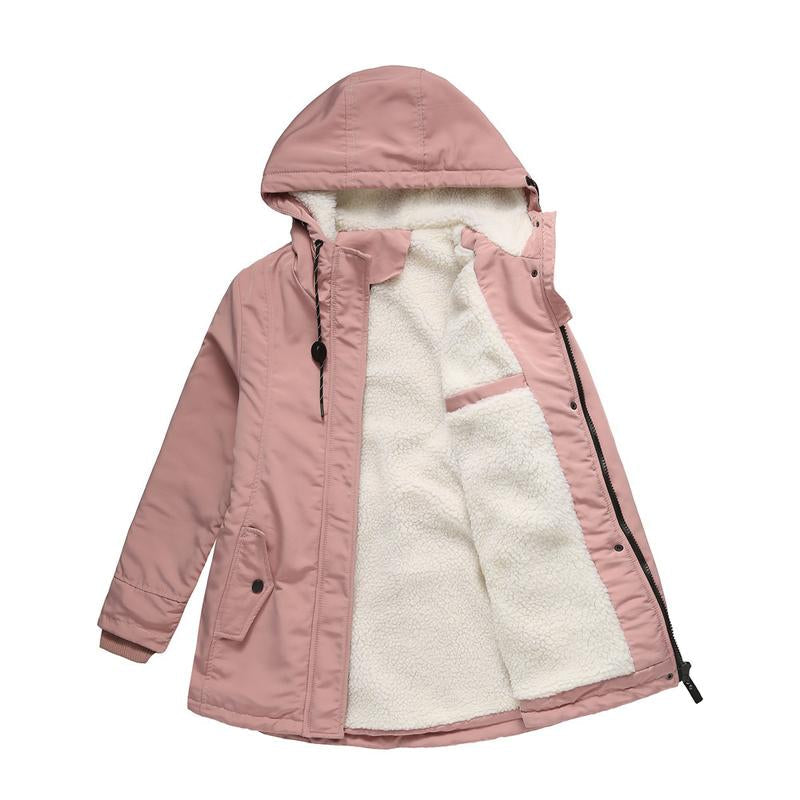 Women's hooded winter coat with contrasting lining and zip front