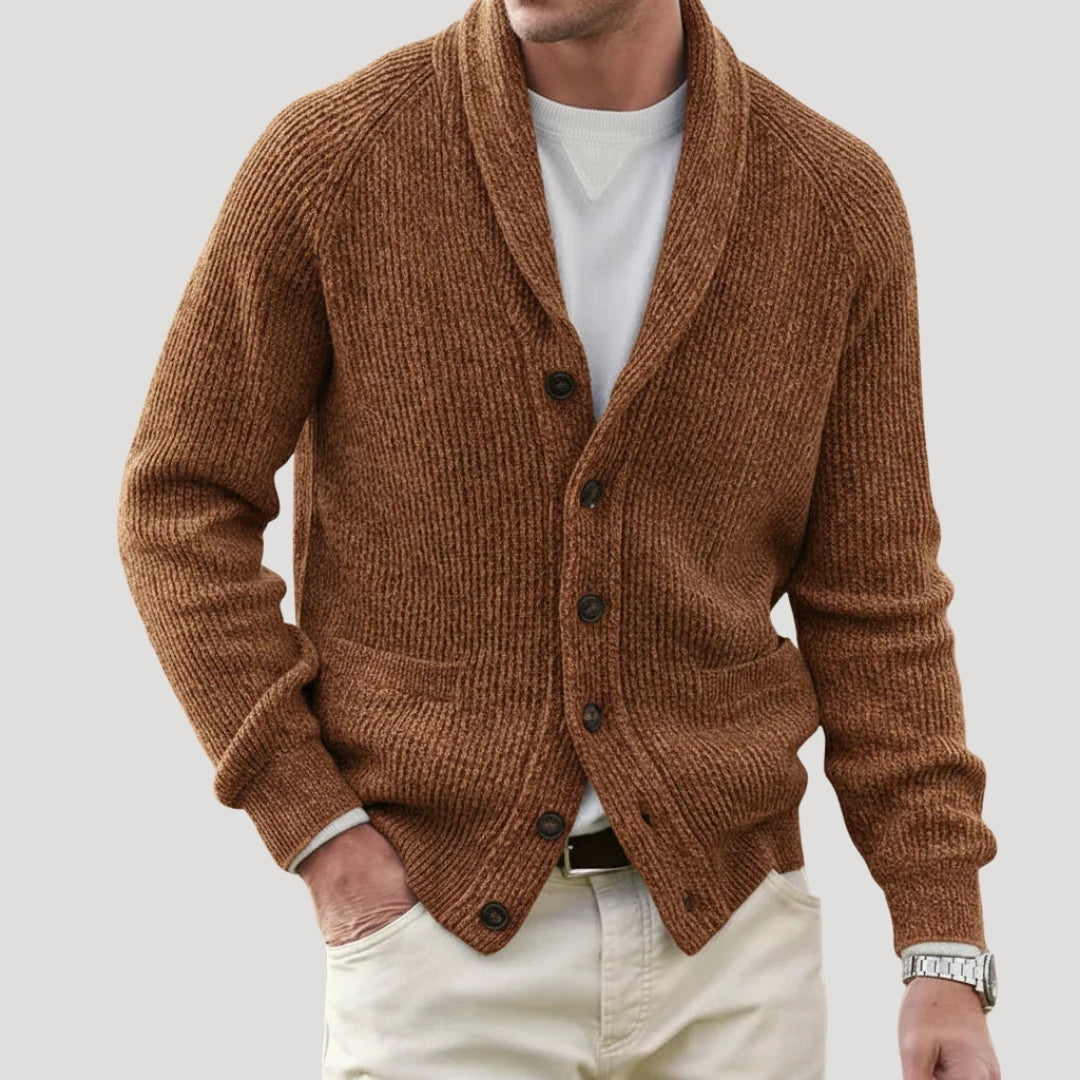Men's ribbed knit cardigan with shawl collar, buttons and front pockets