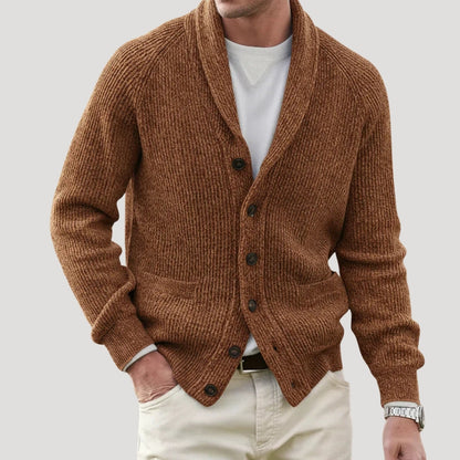 Men's ribbed knit cardigan with shawl collar, buttons and front pockets