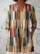 Women's Patchwork Linen Blouse V-Neck Half Sleeve Color Block Loose Tunic