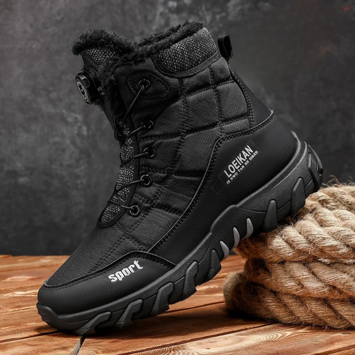Men's mid-cut snow boots with fur-trimmed collar, lace-up front and rugged treaded sole