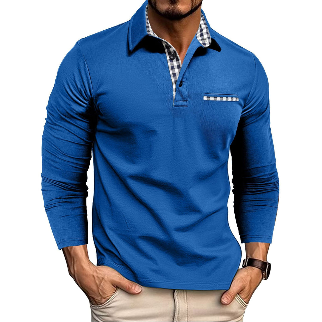 Men's long-sleeve polo shirt with checked collar and chest pocket