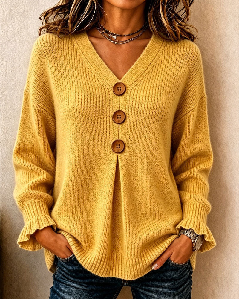 Women's V-neck button cardigan with long sleeves and ribbed knit texture