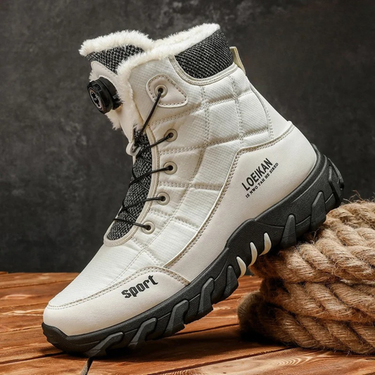 Men's mid-cut snow boots with fur-trimmed collar, lace-up front and rugged treaded sole