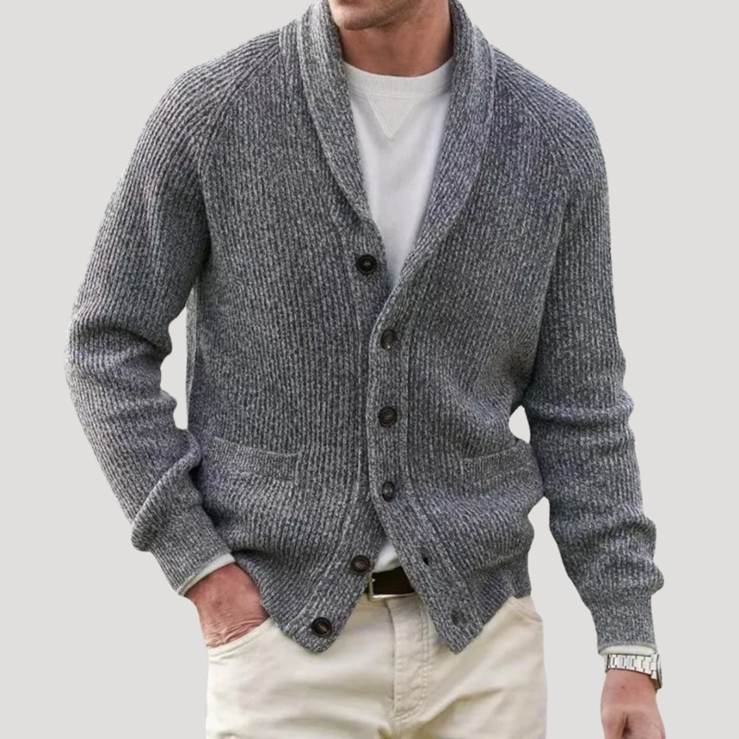 Men's ribbed knit cardigan with shawl collar, buttons and front pockets