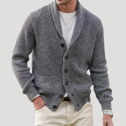 Men's ribbed knit cardigan with shawl collar, buttons and front pockets