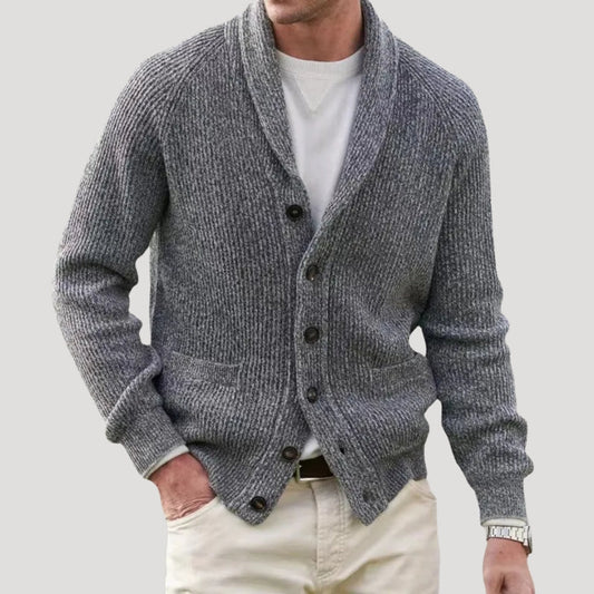 Men's ribbed knit cardigan with shawl collar, buttons and front pockets