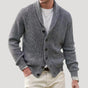 Men's ribbed knit cardigan with shawl collar, buttons and front pockets