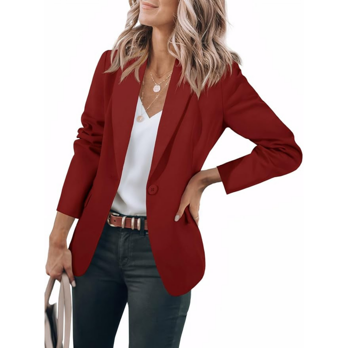 Women's open front blazer with notched lapels and three-quarter sleeves