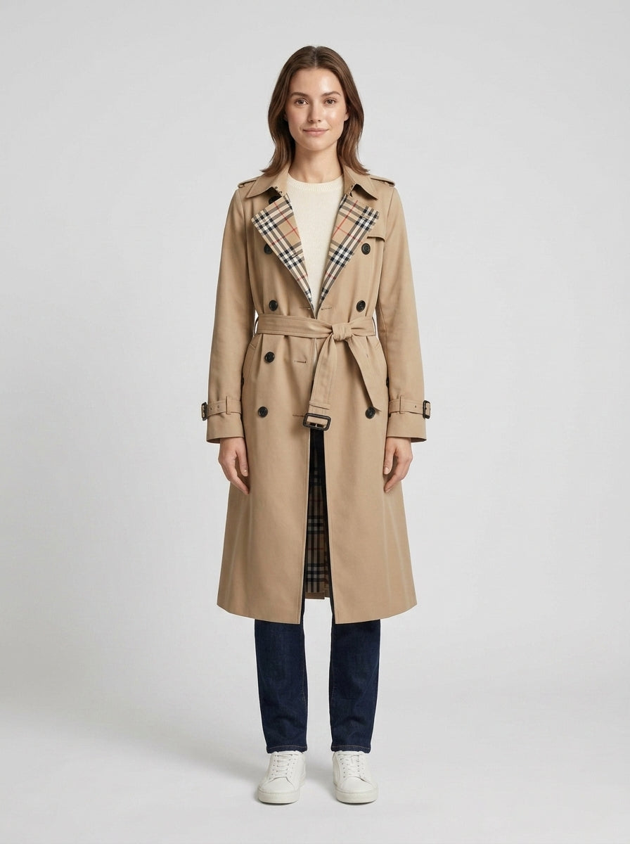 Women's belted trench coat with notched lapel and double-breasted front