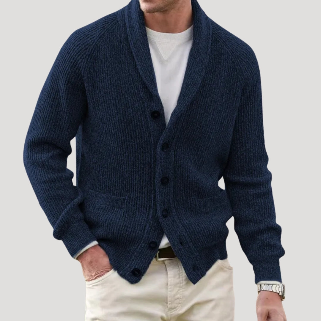 Men's ribbed knit cardigan with shawl collar, buttons and front pockets