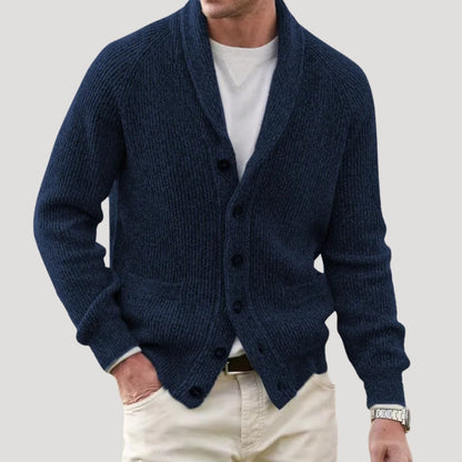 Men's ribbed knit cardigan with shawl collar, buttons and front pockets