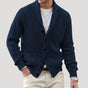 Men's ribbed knit cardigan with shawl collar, buttons and front pockets