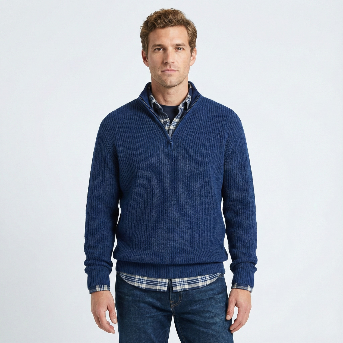 Men's ribbed quarter-zip mock neck sweater with long sleeves