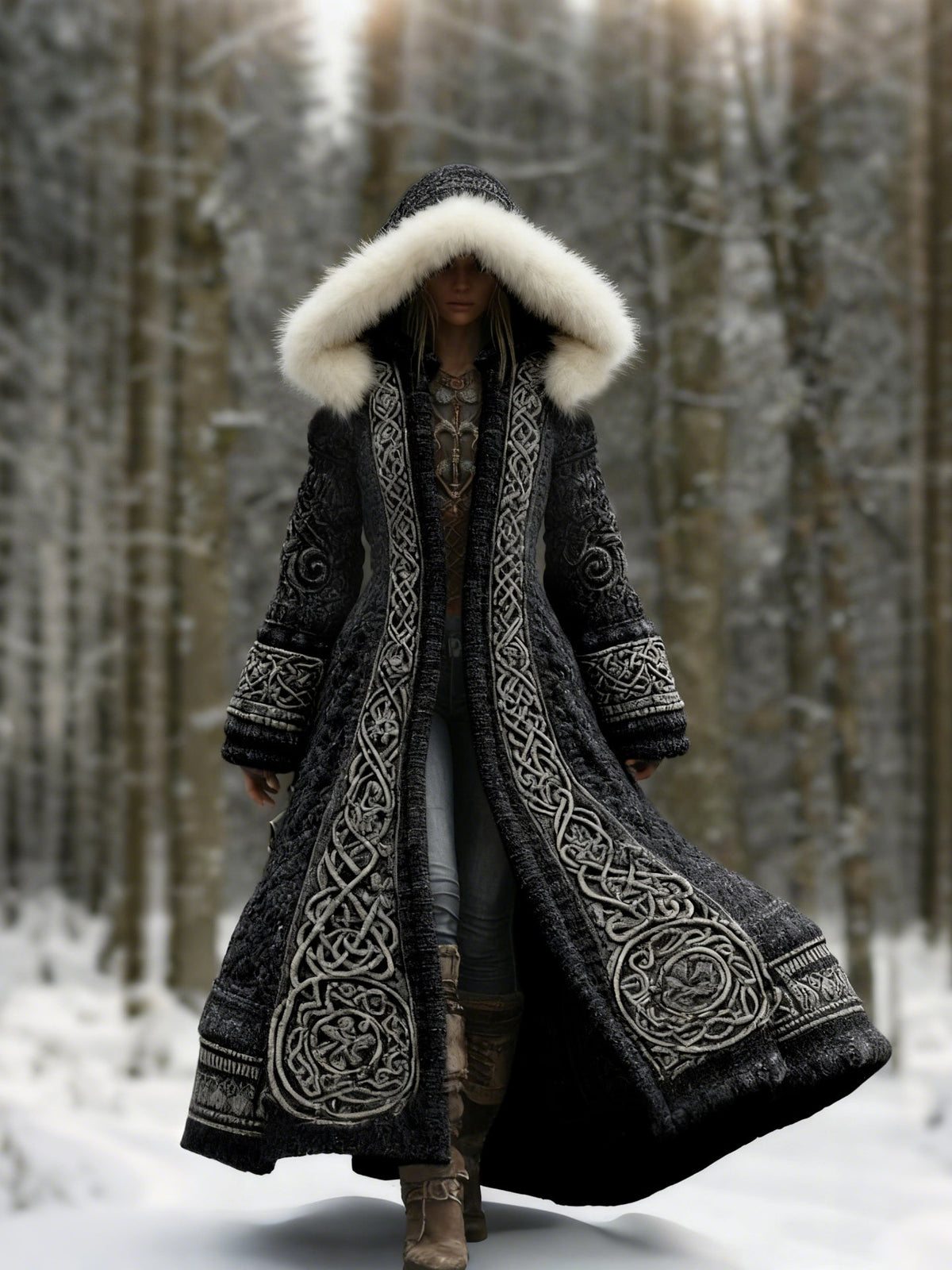 Women's long hooded coat with embroidered panels and fur-like hood trim