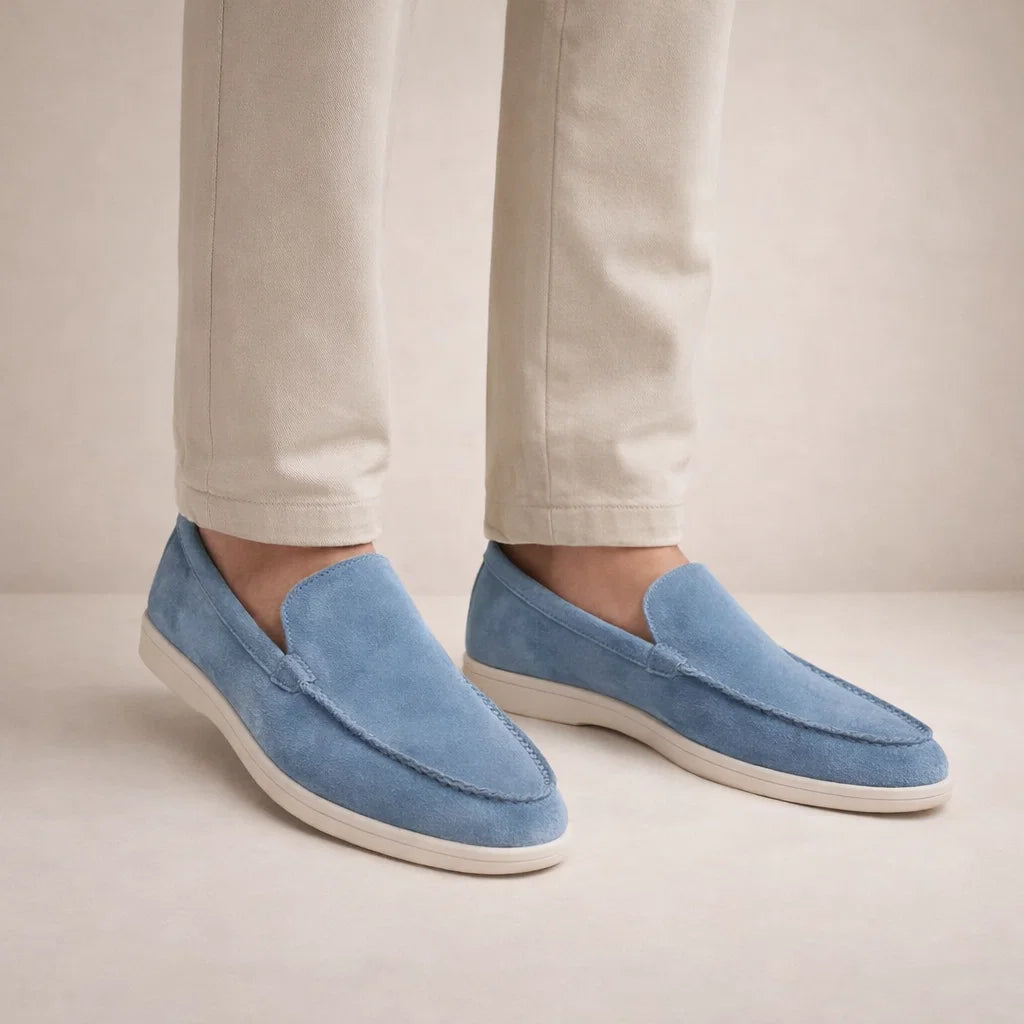 Men's slip-on moc toe loafers with stitched trim and light soles