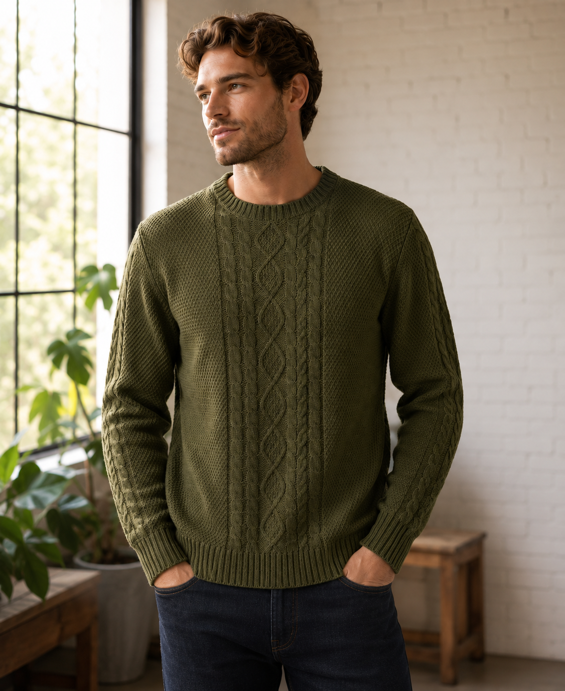 Men's cable knit crew neck sweater with long sleeves and ribbed trims
