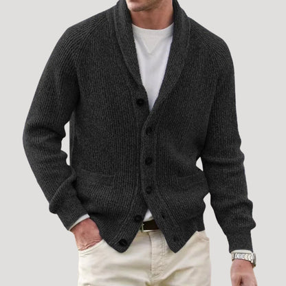 Men's ribbed knit cardigan with shawl collar, buttons and front pockets