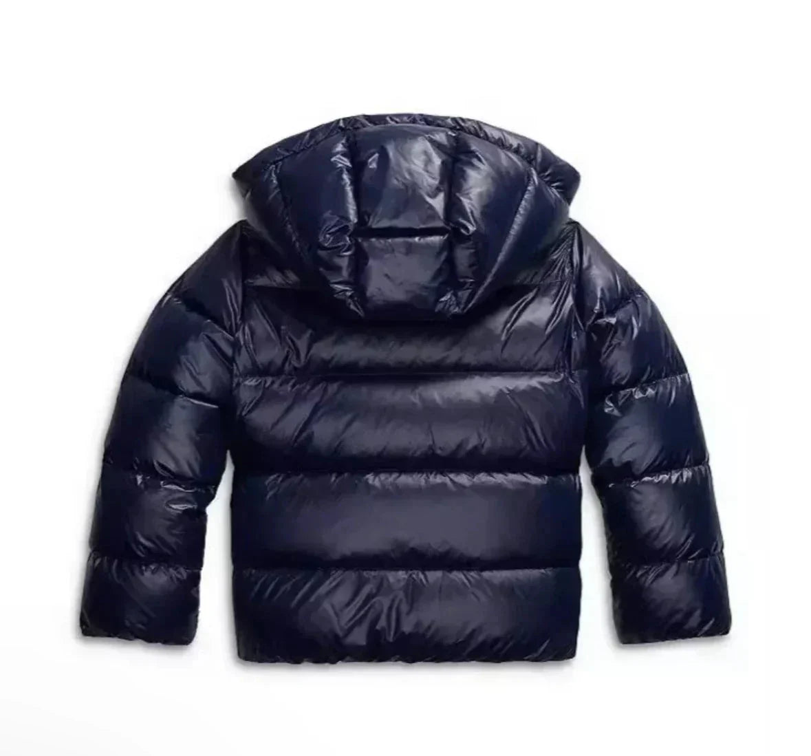 Glossy hooded puffer jacket with horizontal padded panels and front pockets