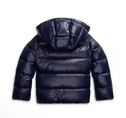 Glossy hooded puffer jacket with horizontal padded panels and front pockets